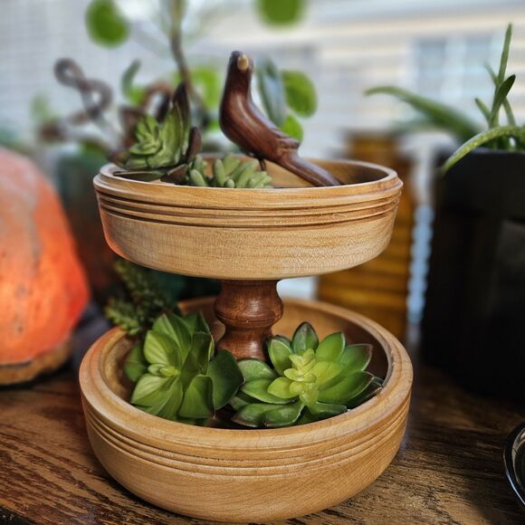 Vtg Turned Wood 2 Tier Tray Round Handmade Table Decor Serving 2 Tones Etagere - Picture 12 of 12